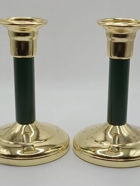 Vintage Green and Brass Candlestick Pair